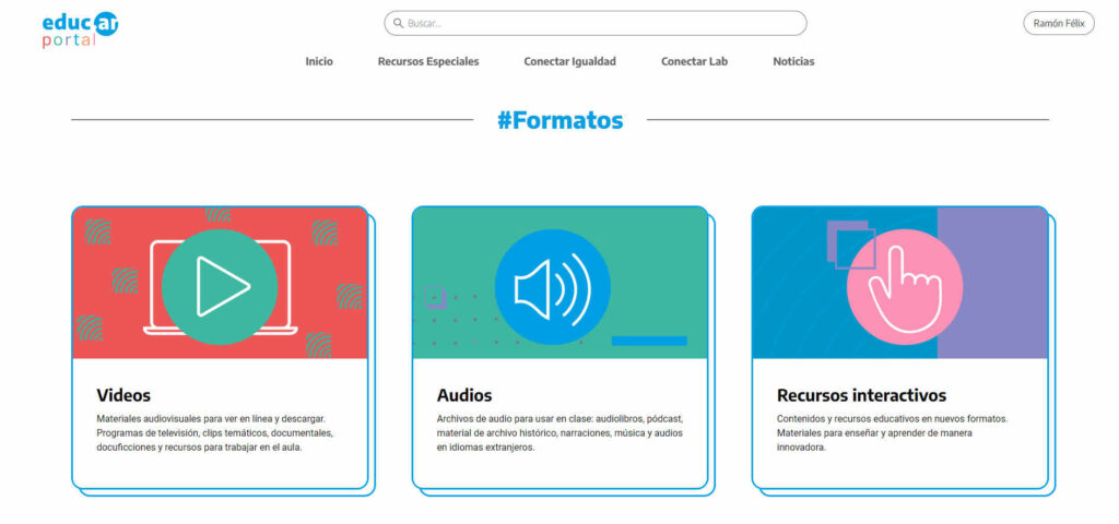 Captura de la página 'recursos especiales' del sitio 'educ.ar'.